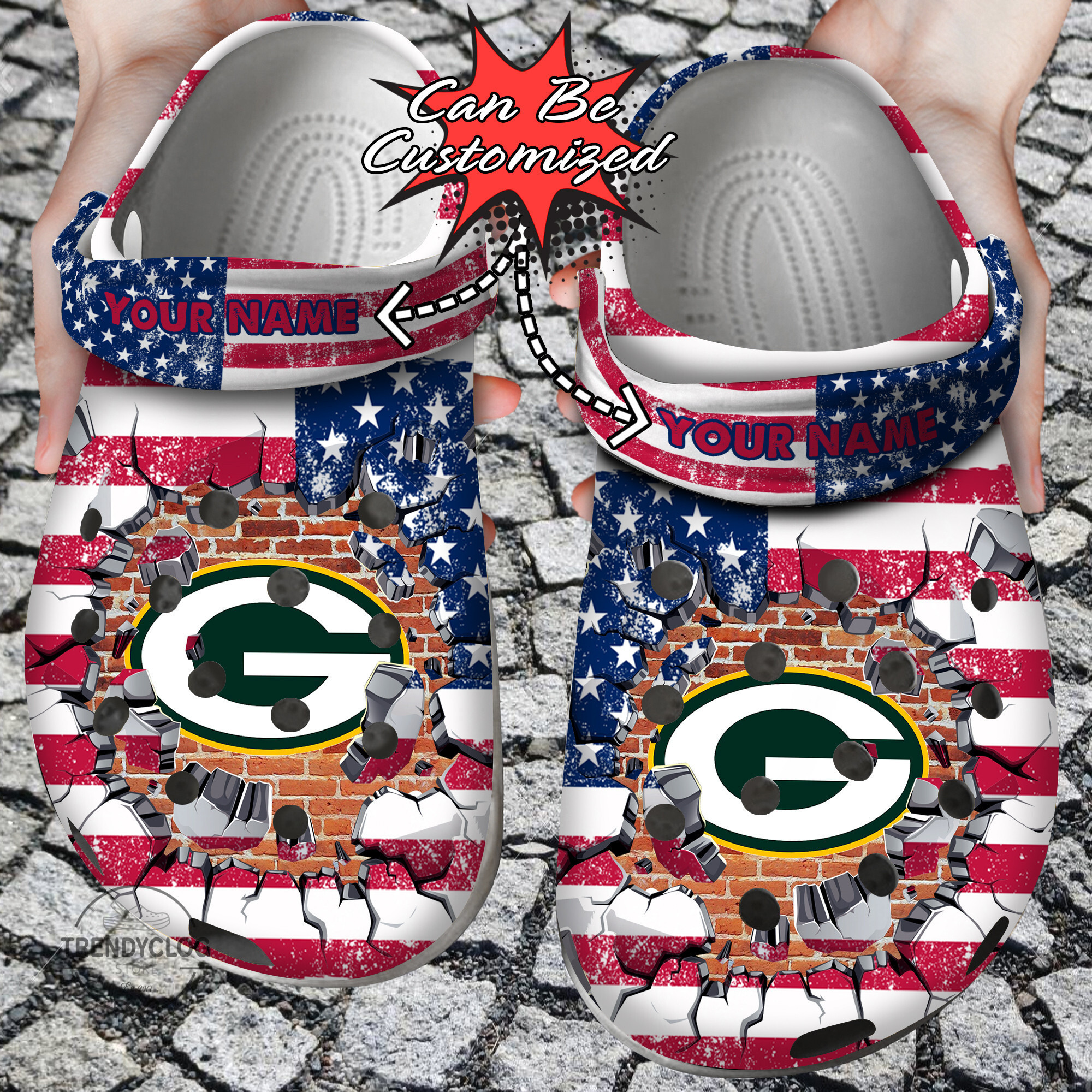 Football Personalized GPackers American Flag Breaking Wall Clog Crocs Shoes