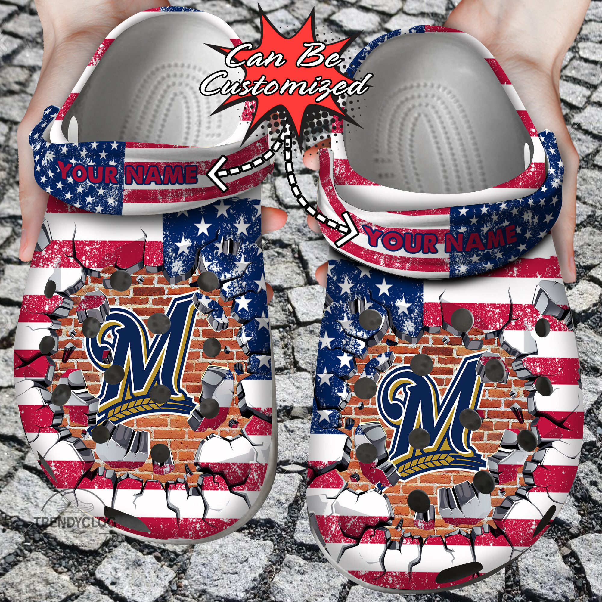 Baseball Personalized MBrewers American Flag Breaking Wall Clog Crocs Shoes