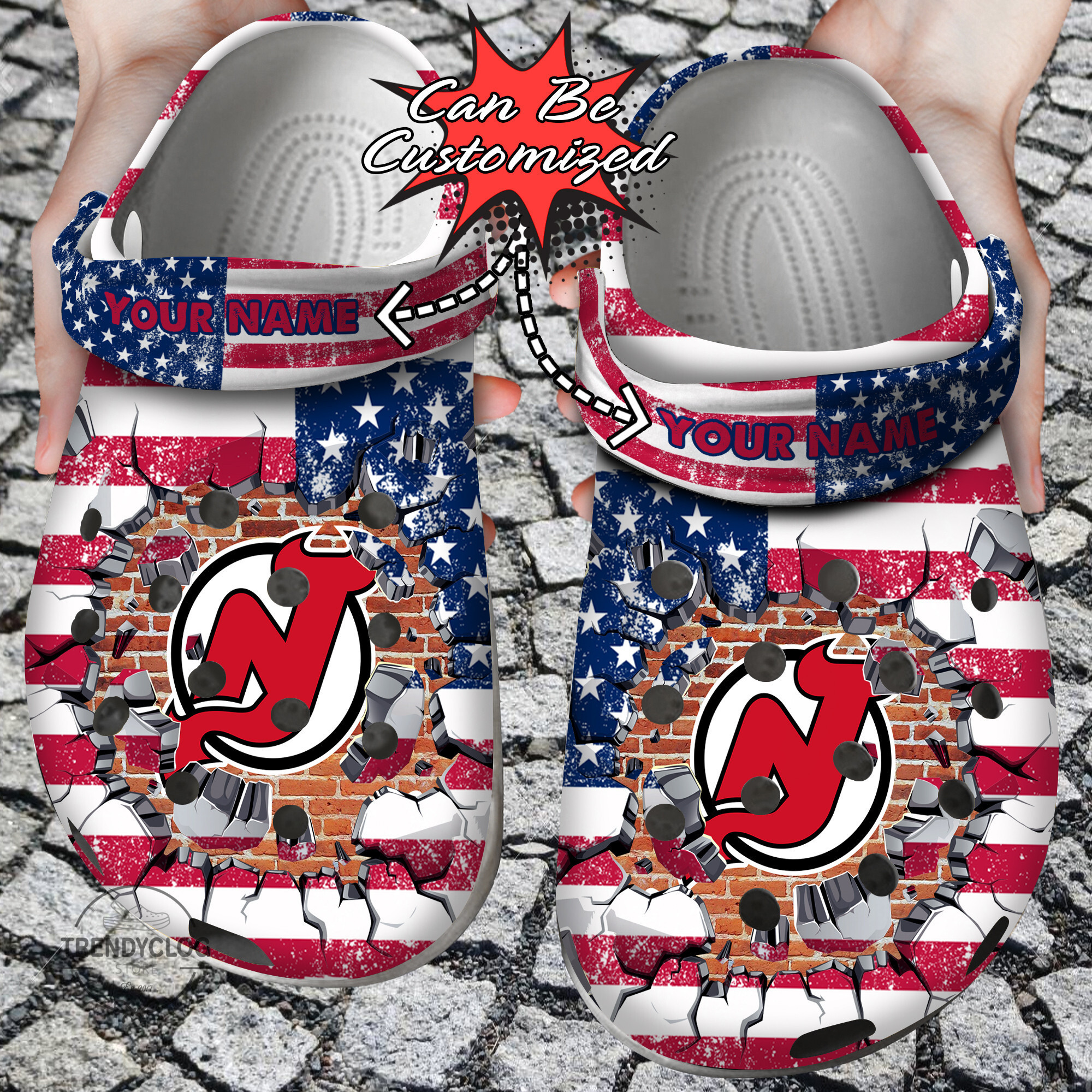 Hockey Personalized NJ Devils American Flag Breaking Wall Clog Crocs Shoes