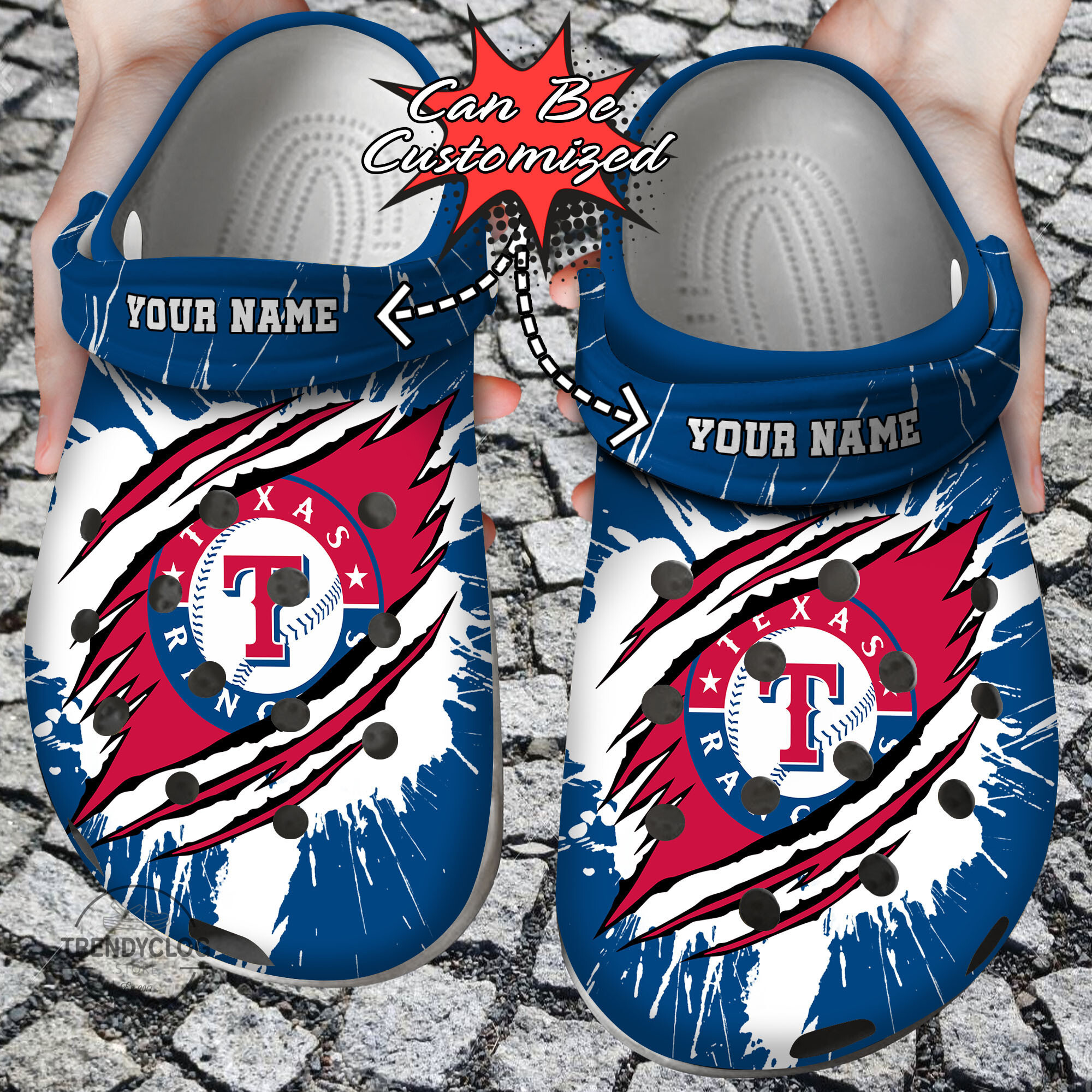 Baseball Personalized TRangers Ripped Claw Clog Crocs Shoes