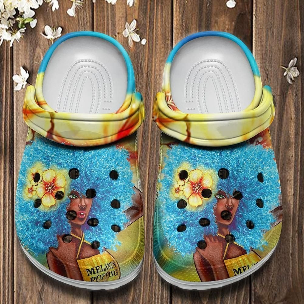 Blue Hair Melanin Poppin Custom Crocs Shoes Clogs - Flower Black Queen Beach Shoe Birthday Gift For Women Girl