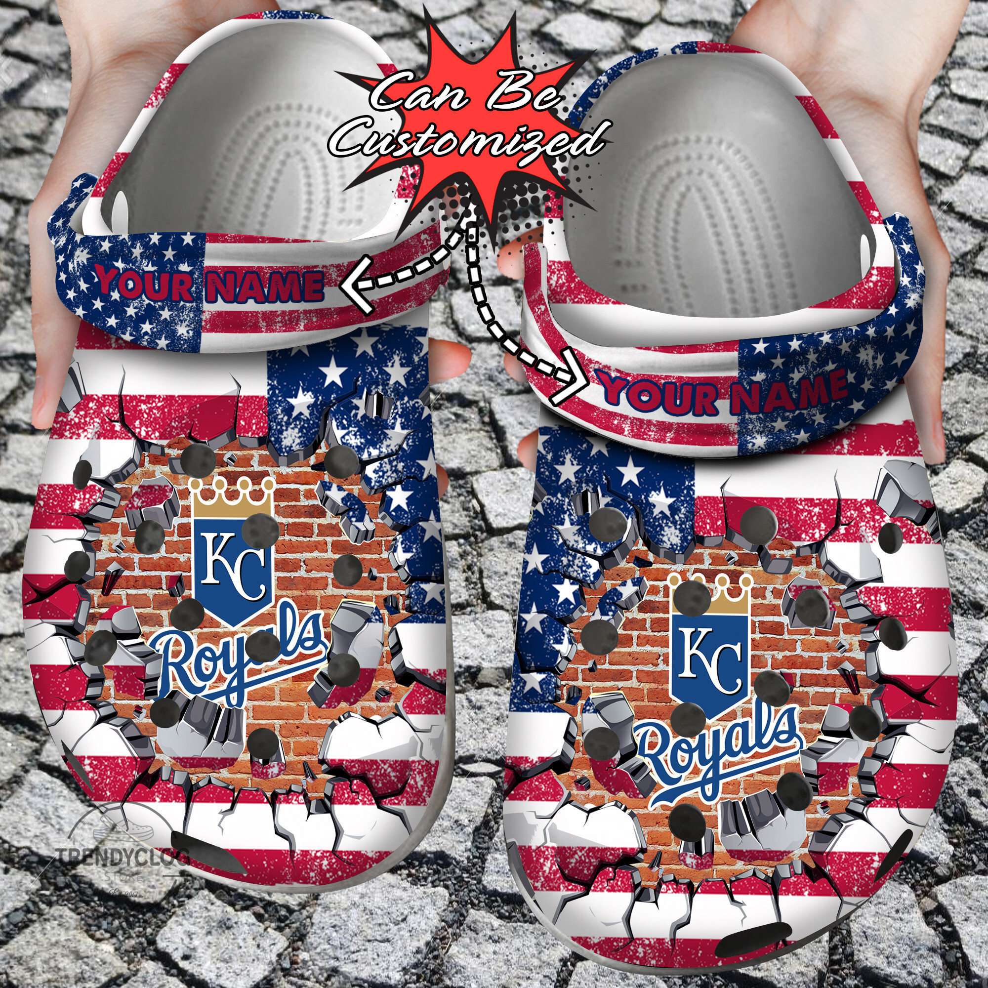 Baseball Personalized KC Royals American Flag Breaking Wall Clog Crocs Shoes