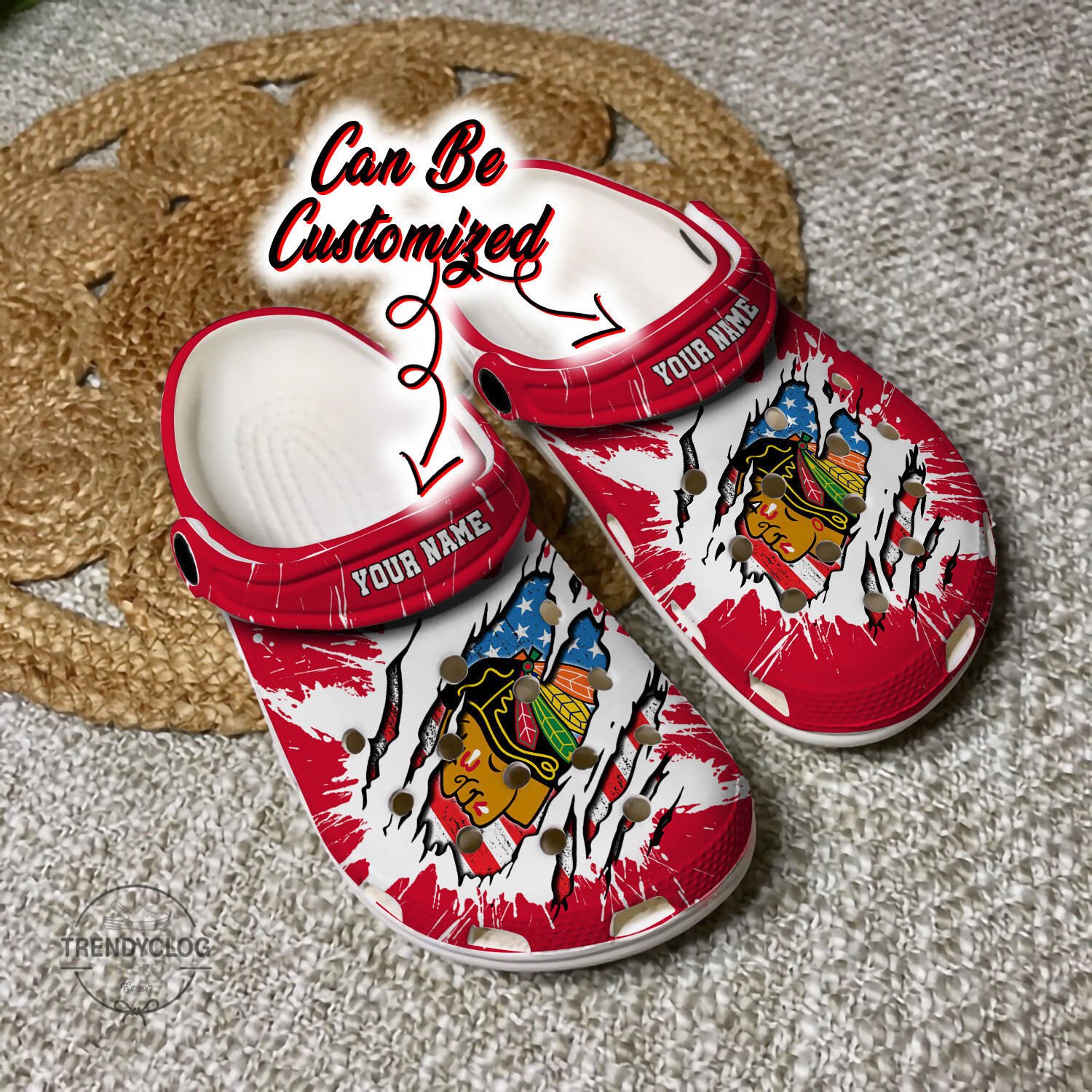 Blackhawks Personalized CBlackhawks Hockey Ripped American Flag Clog Crocs Shoes