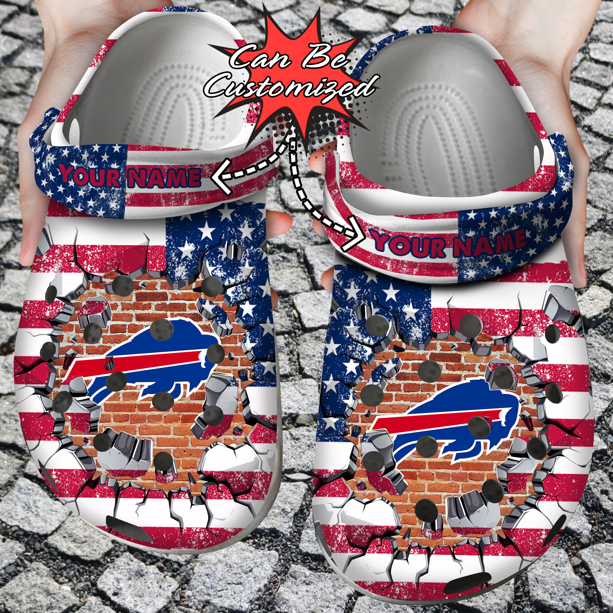 Football Personalized BBills American Flag Breaking Wall Clog Crocs Shoes