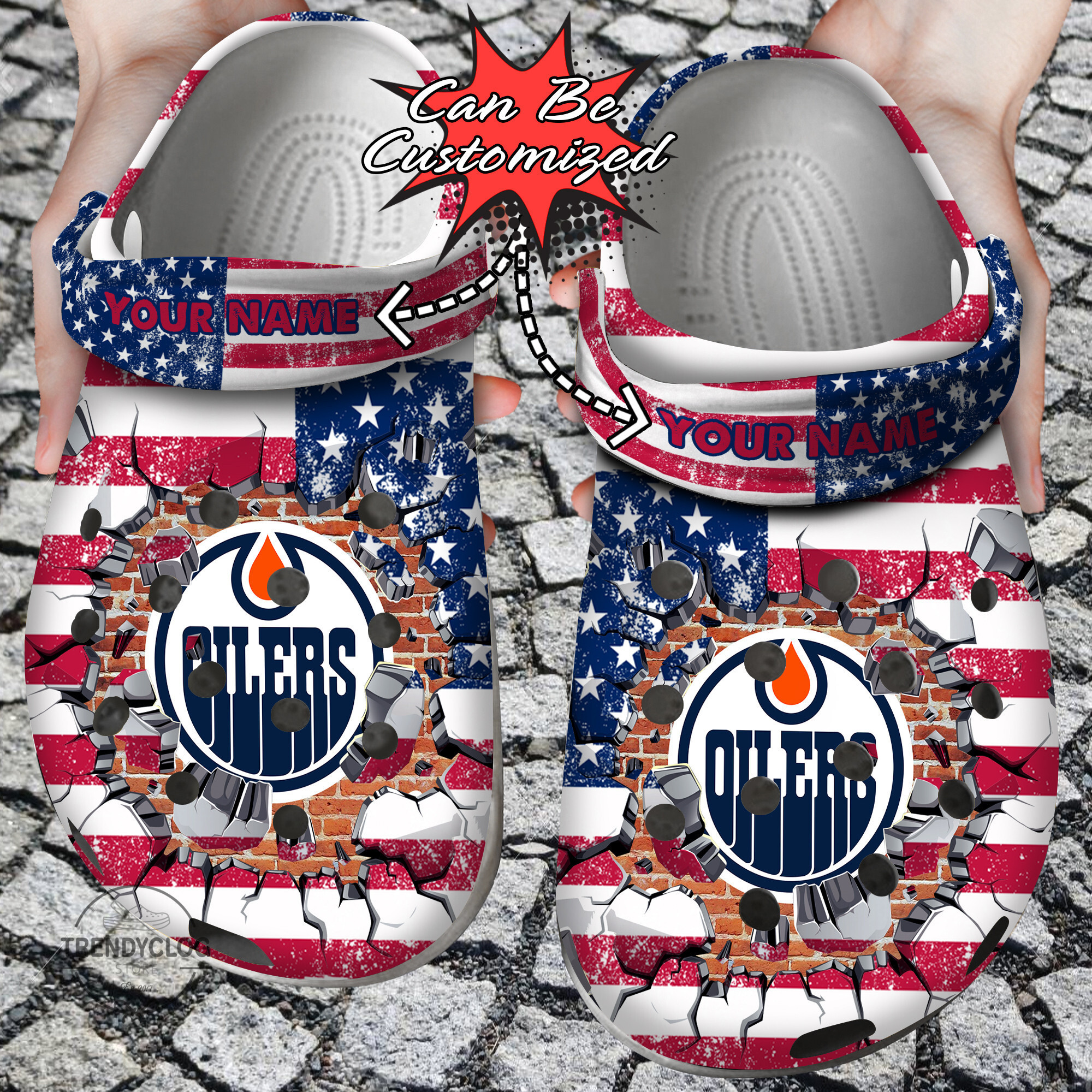 Hockey Personalized EOilers American Flag Breaking Wall Clog Crocs Shoes