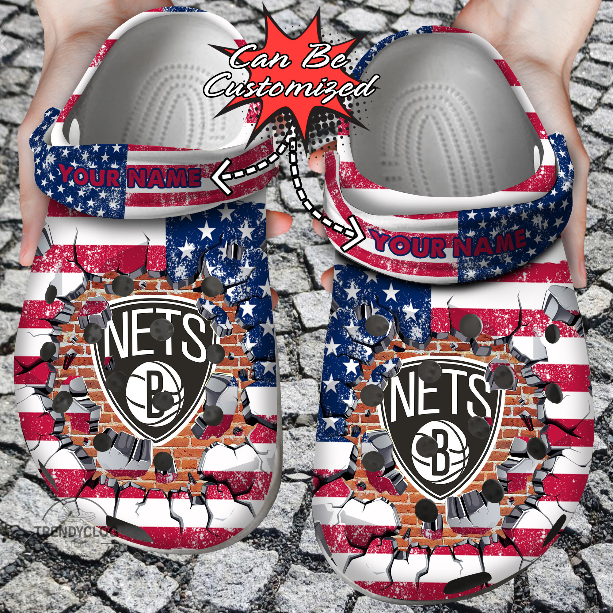 Basketball Personalized BNets American Flag Breaking Wall Clog Crocs Shoes