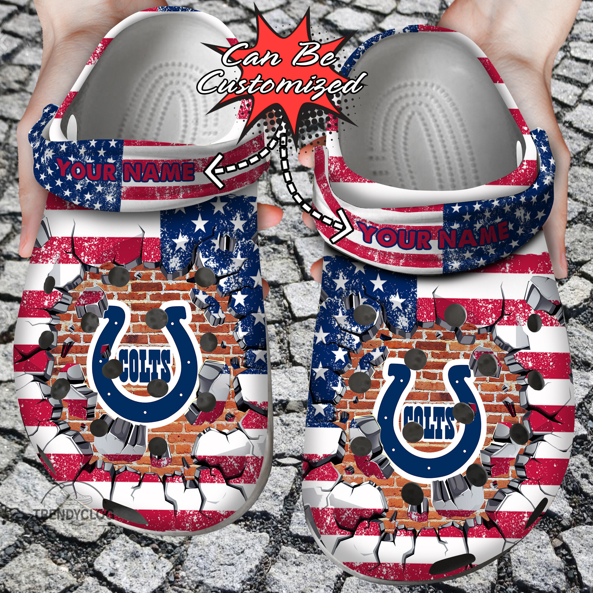 Football Personalized IColts American Flag Breaking Wall Clog Crocs Shoes