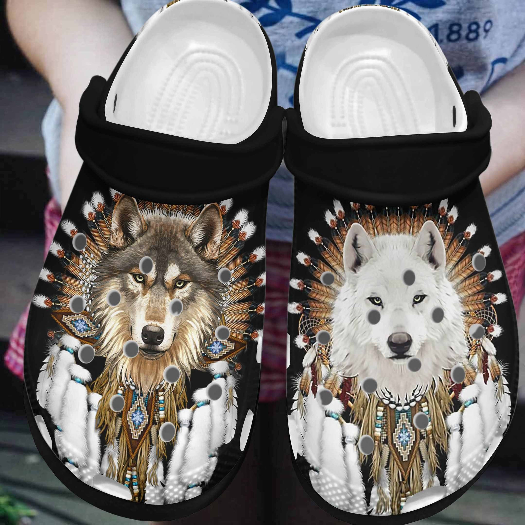 Couple Native Wolves Crocs Shoes - Brown And White Wolves Crocbland Clog Birthday Gifts For Couples Men Women