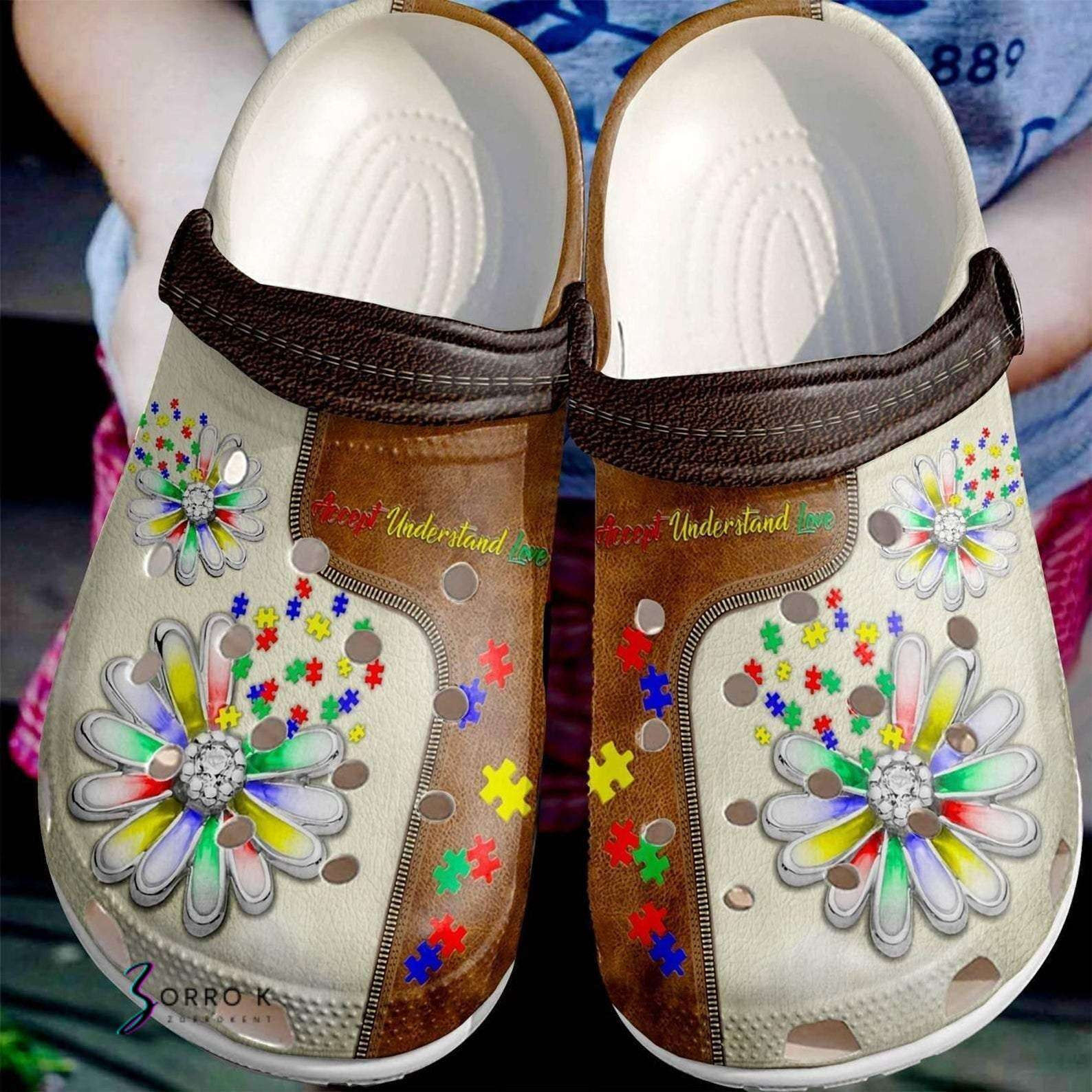 Autism Awareness Day Daisy Flower Accept Understand Love Puzzle Pieces Crocband Clog Crocs Shoes