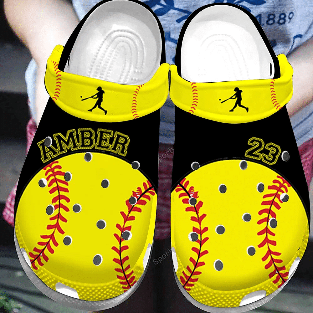 Custom Name And Number Softball Player Black Yellow Clogs Crocs Shoes