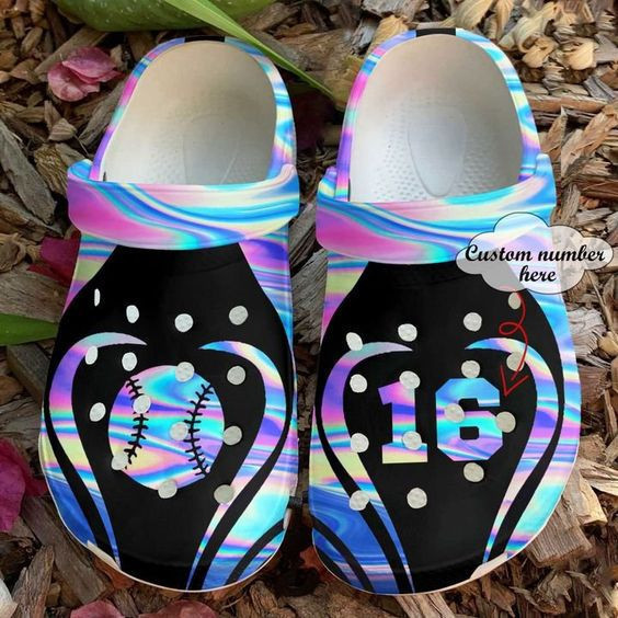 Custom Number Love Softball Holographic Clogs Crocs Shoes