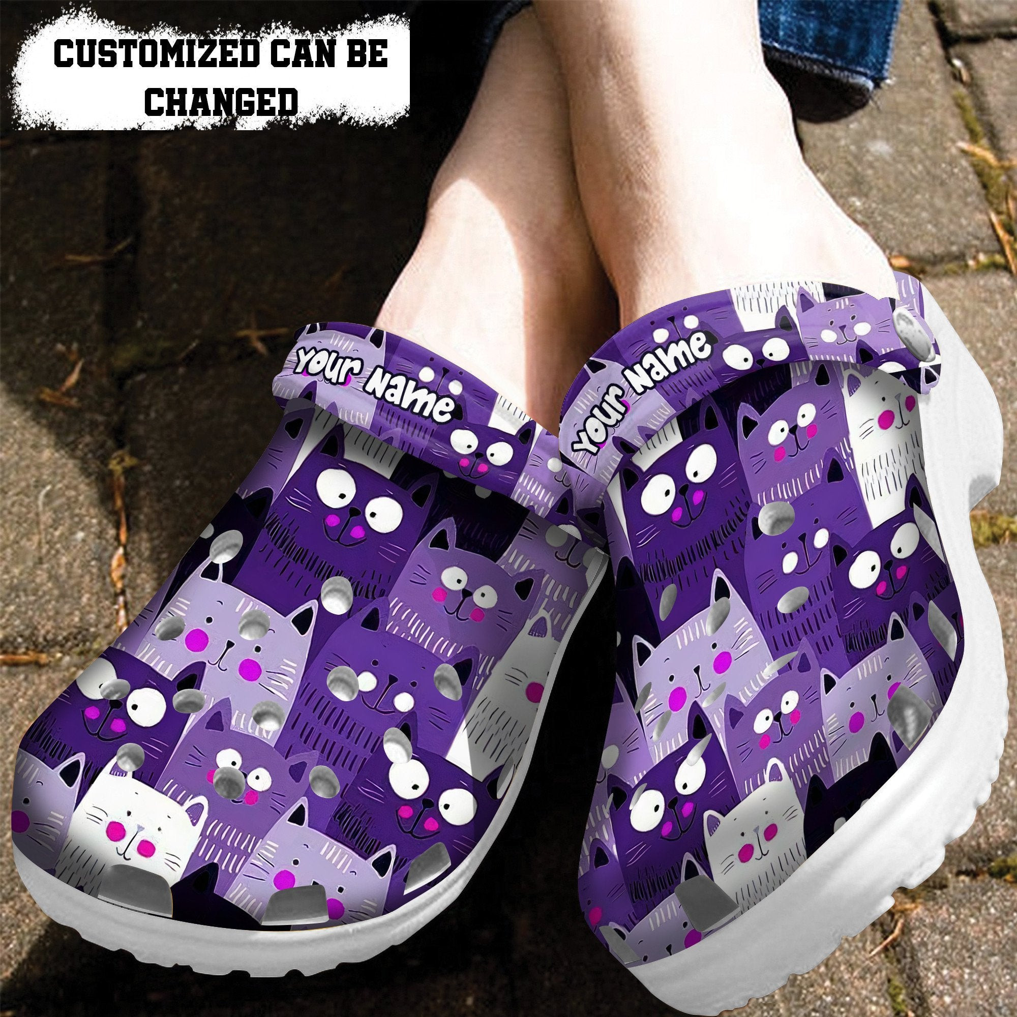 Cat Chibi Anime Cute Purple Crocs Shoes- Funny Cat Face Pattern Crocs Shoes Croc Clogs Customize Birtdahy Gift