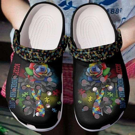 Autism Awareness Day Autism Rose And Ribbon Puzzle Pieces Crocband Clog Crocs Shoes