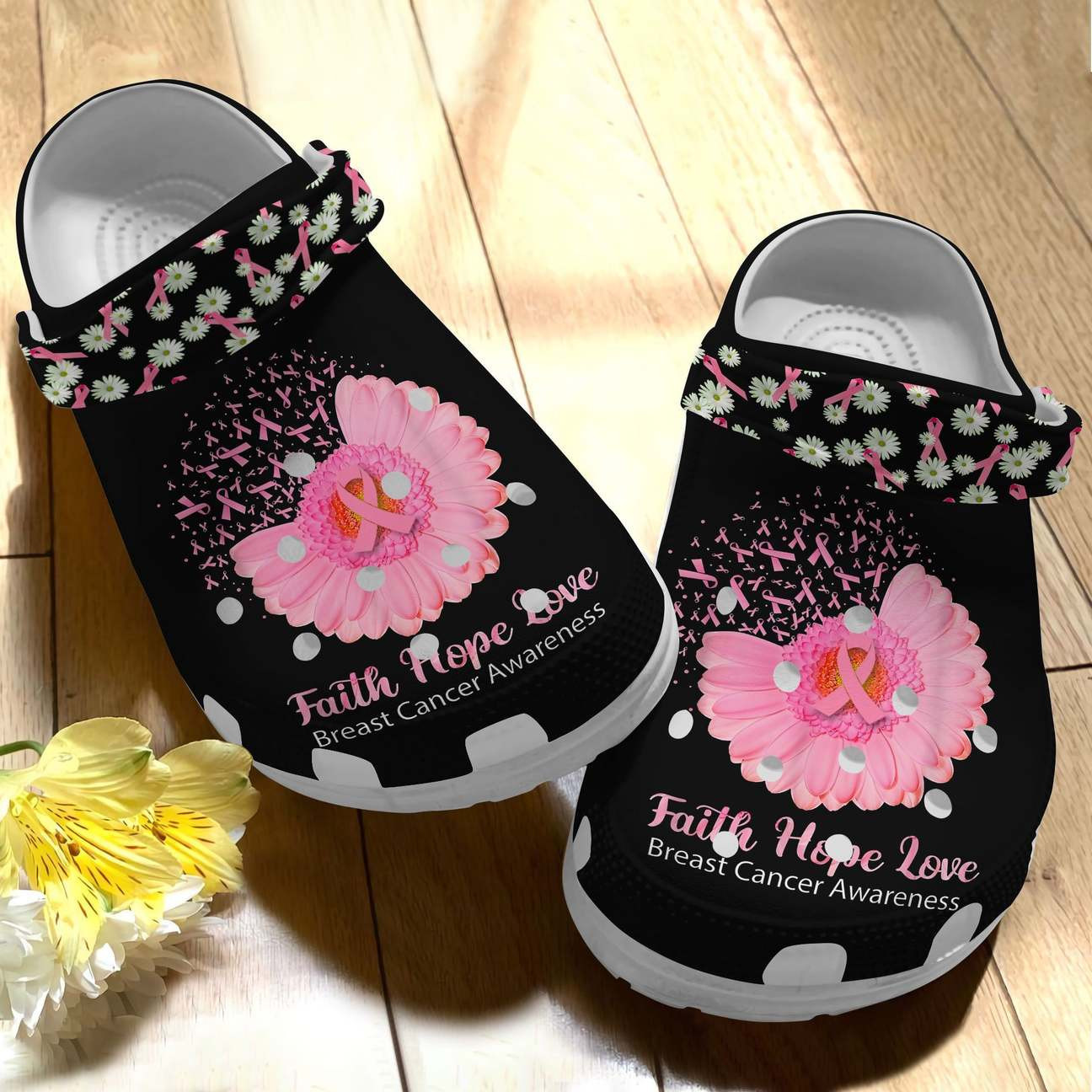 Breast Cancer Awareness Christian Faith Hope Love Daisy Flower Crocband Clog Crocs Shoes