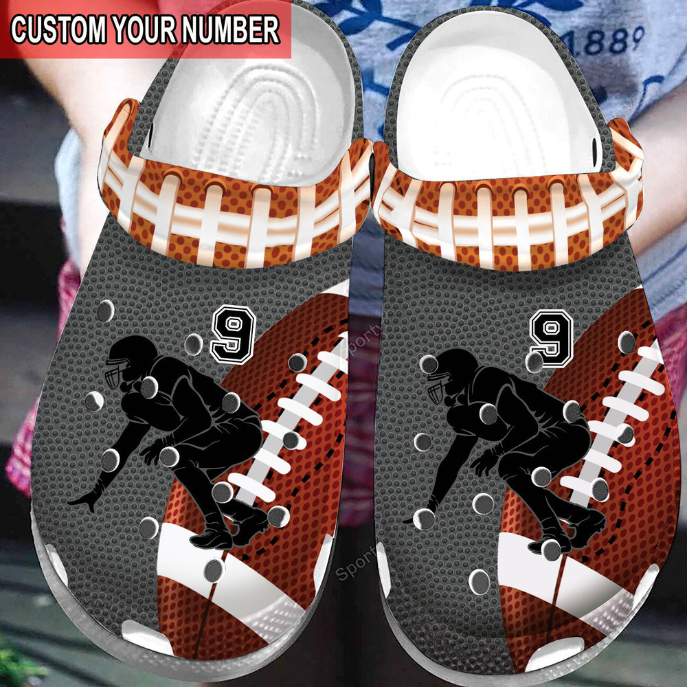 Custom Number American Football Player Brown Grey Clogs Crocs Shoes