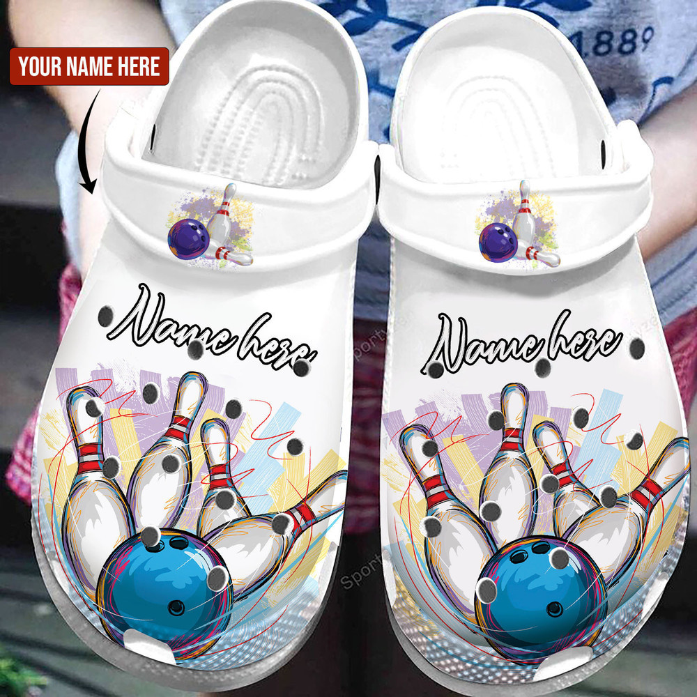 Custom Name White Bowling Strike Clogs Crocs Shoes