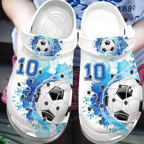 Custom Number Soccer Goal Blue White Watercolor Clogs Crocs Shoes