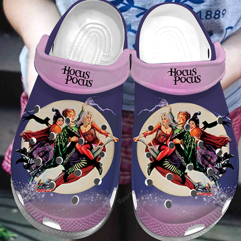 Funny Purple Hocus Pocus On Broom Halloween Clogs Crocs Shoes