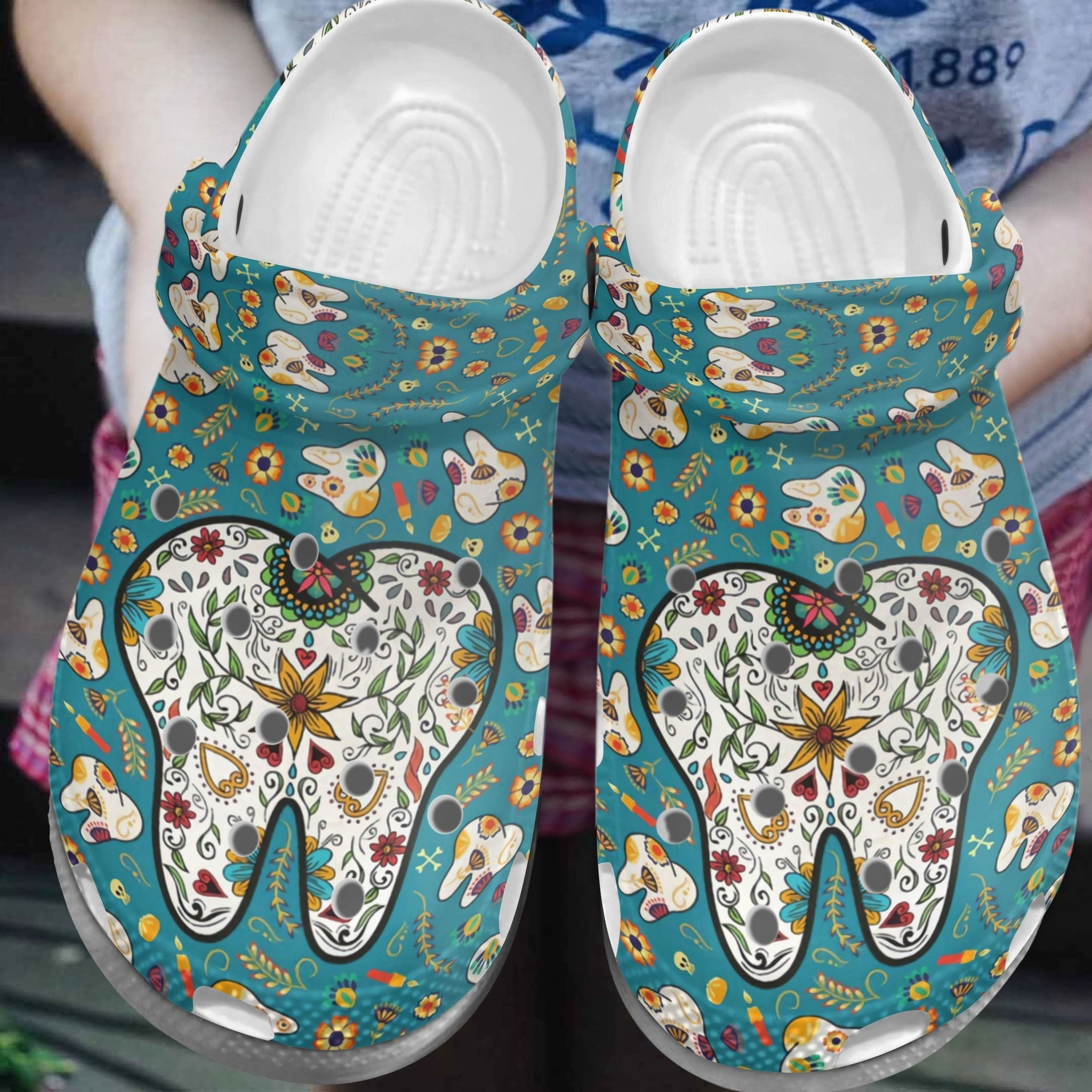 Dentist Flower Teeth Crocs Clog Shoes - Nurse Cute Tooth Pattern Dentist Gift For Birthday