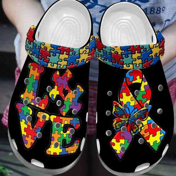 Autism Awareness Day Love Autism Butterfly And Ribbon Puzzle Pieces Crocband Clog Crocs Shoes
