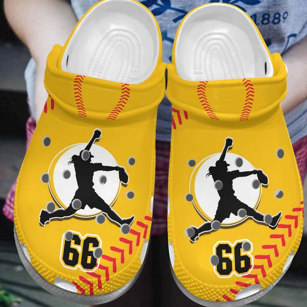 Custom Number Pitching Softball Player Yellow Clogs Crocs Shoes