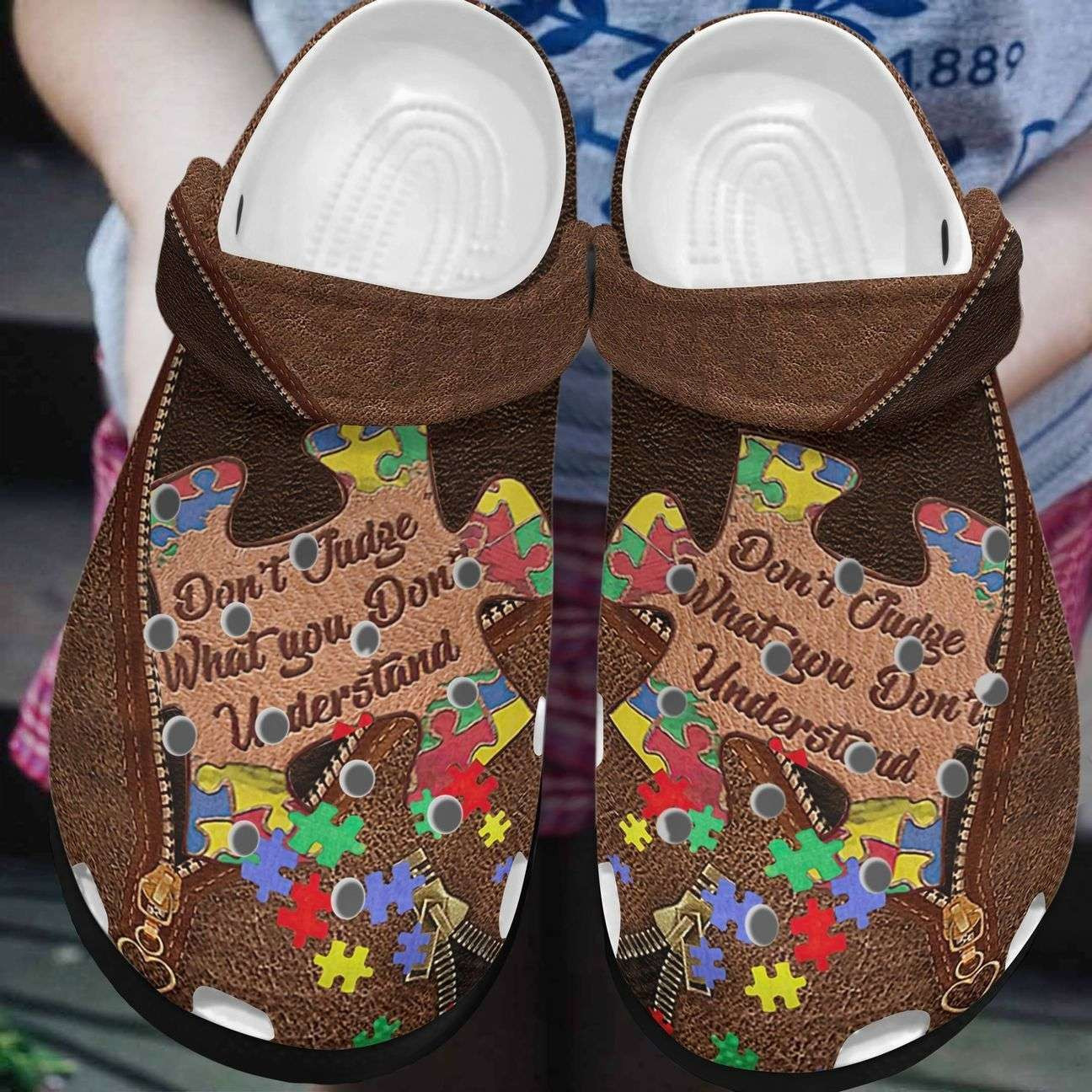 Autism Awareness Day Leather Dont Judge What You Dont Understand Puzzle Pieces Crocband Clog Crocs Shoes