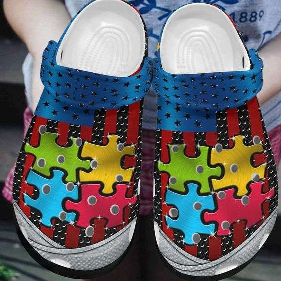 Autism Awareness Day Autism Puzzle Usa Flag Iron Style Crocband Clog Crocs Shoes