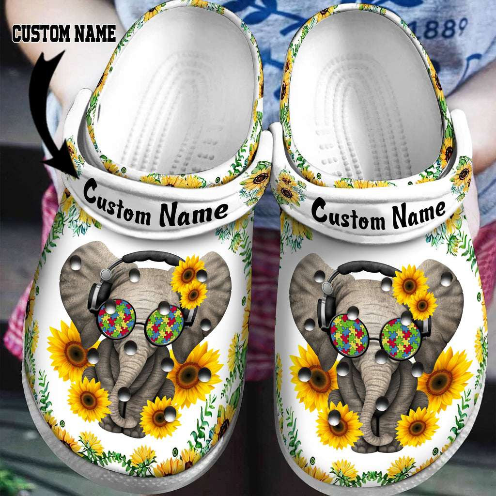 Custom Name Autism Awareness Day Sunflower Elephant Glasses Puzzle Pieces Crocband Clog Crocs Shoes