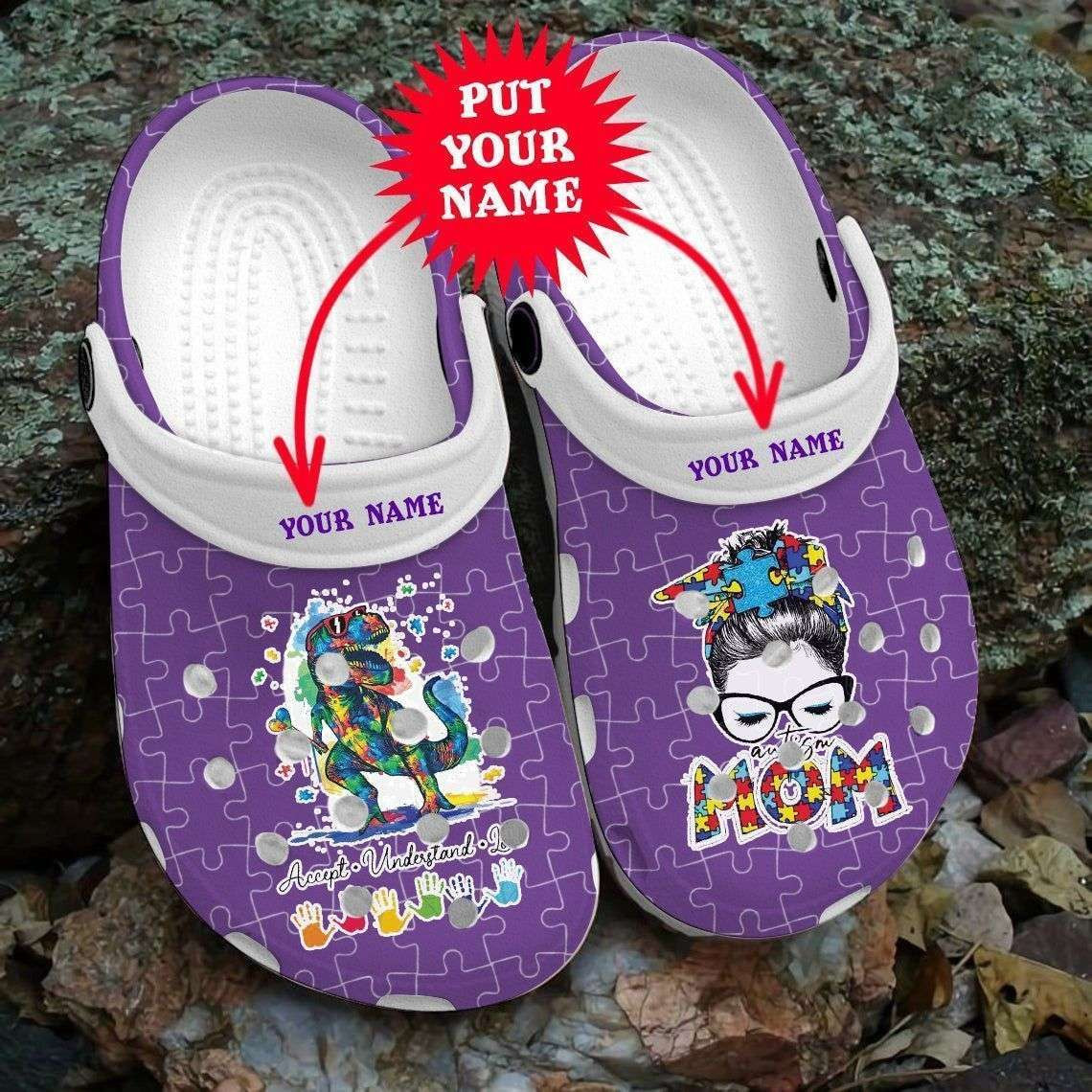 Custom Name Autism Awareness Day Autism Mom Messy Bun Puzzle Pieces Mothers Day Crocband Clog Crocs Shoes