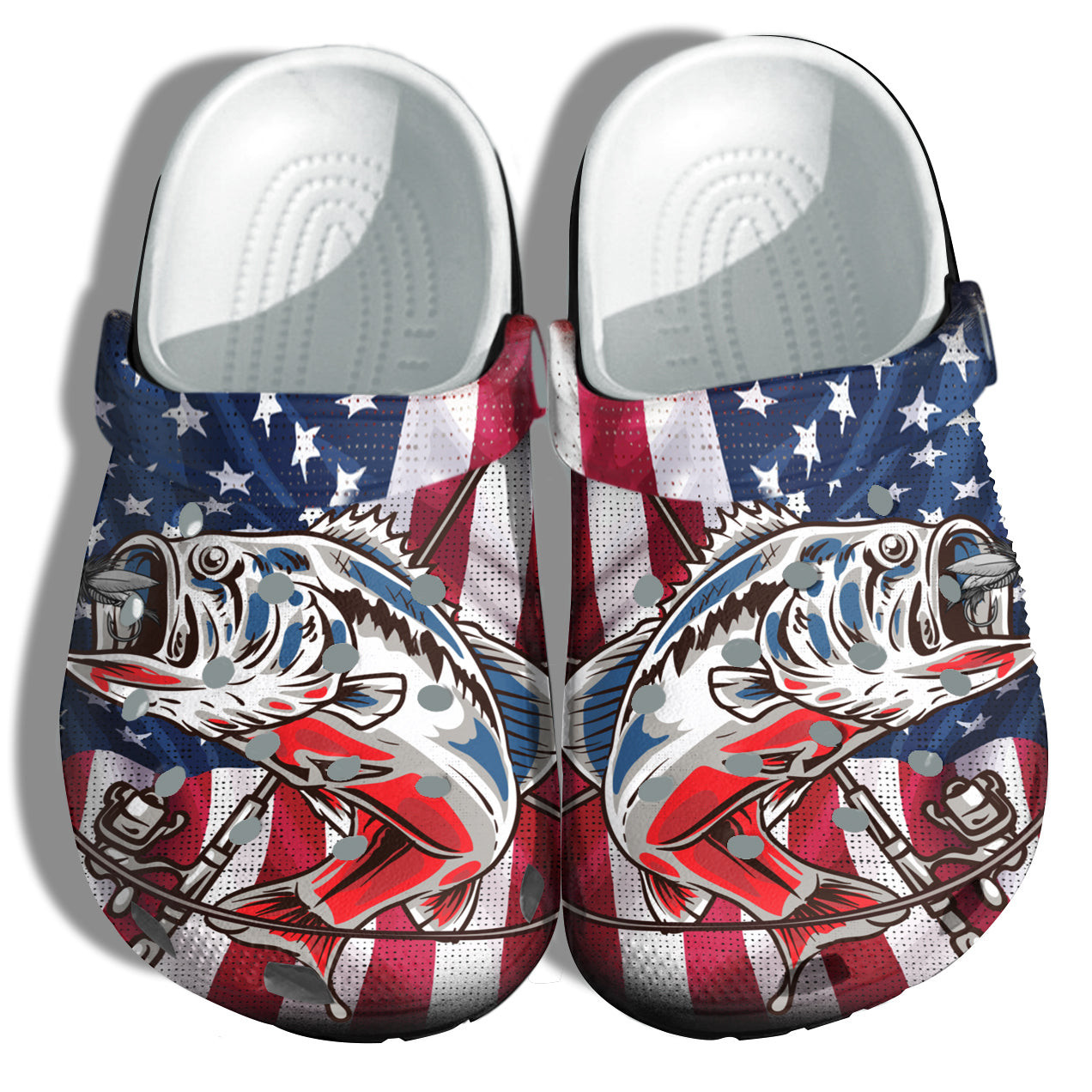 Bass Fishing Camping 4Th Of July Crocs Clog Shoes Gift Men- Hook Fishing Sea Beach America Flag Crocs Clog Shoes Gift Father Day