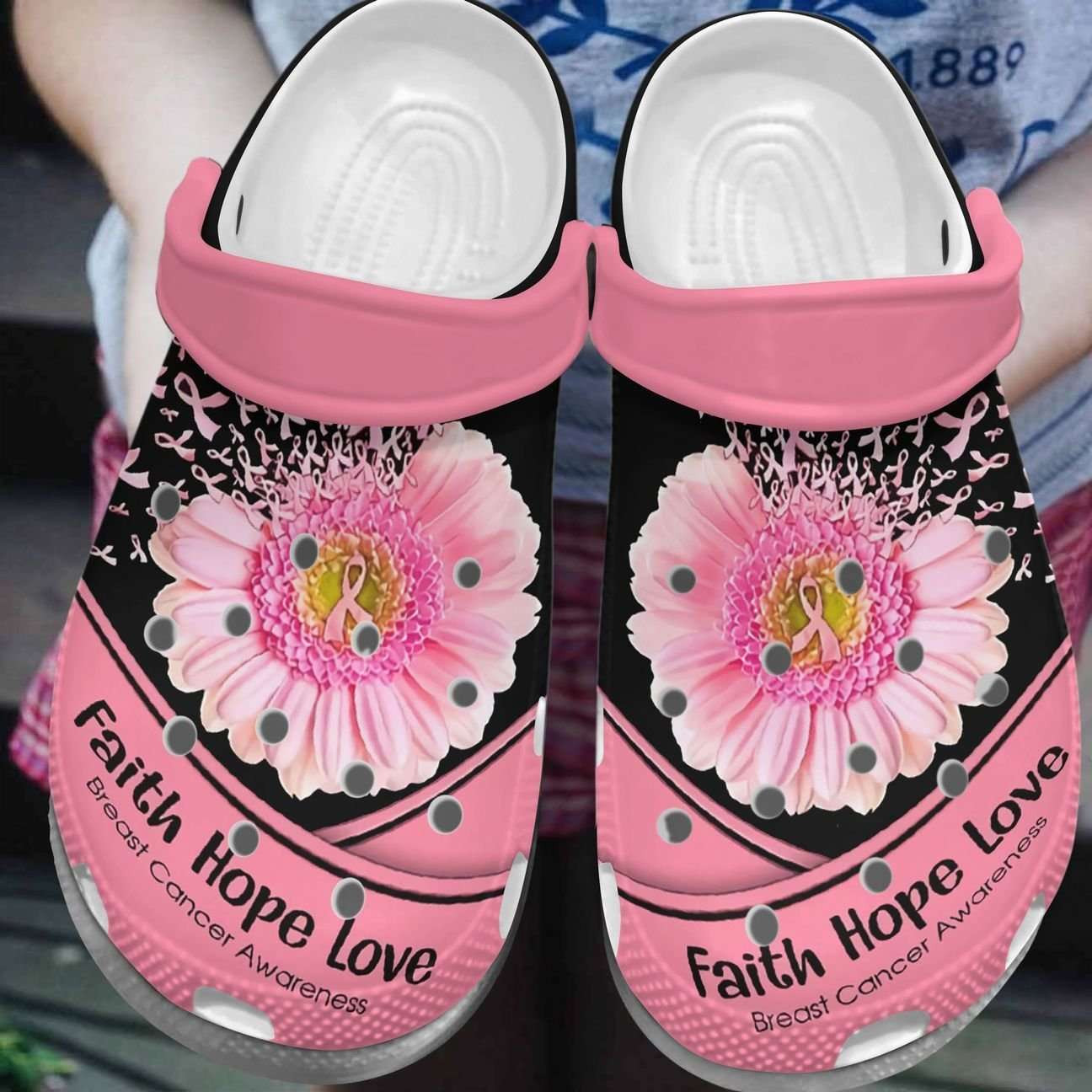 Breast Cancer Awareness Faith Hope Love Daisy Flower Crocband Clog Crocs Shoes