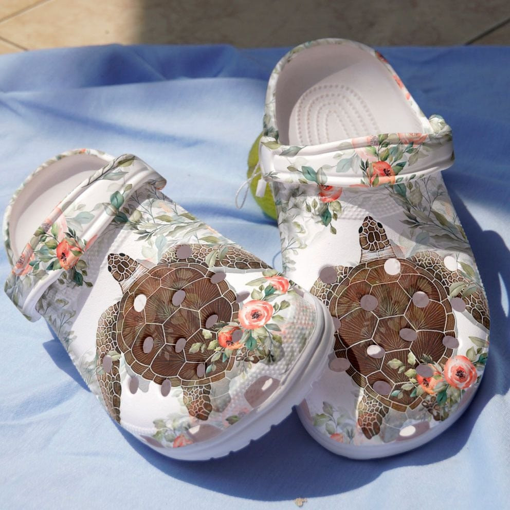 Charming Sea Turtle With Flowers Crocs Shoes Clog For Women Girl Mother