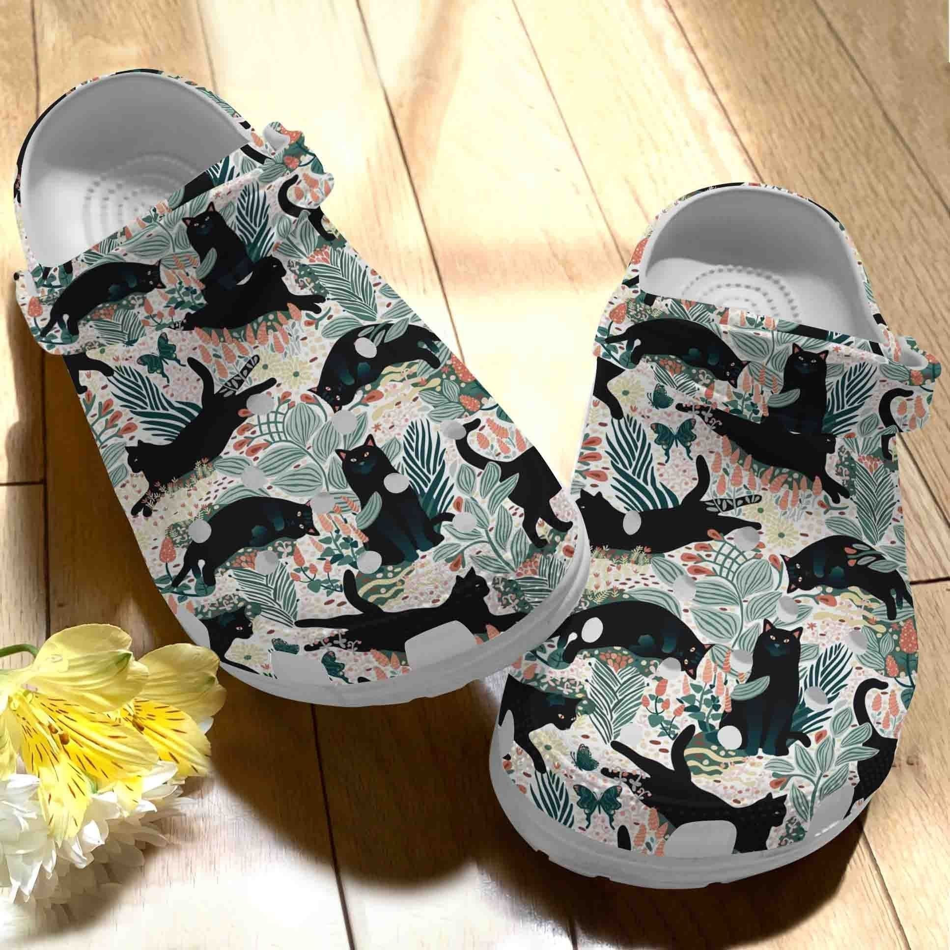 Black Cat In The Garden Floral Cute Vintage Crocs Shoes - Funny Animal clog Birthday Gift