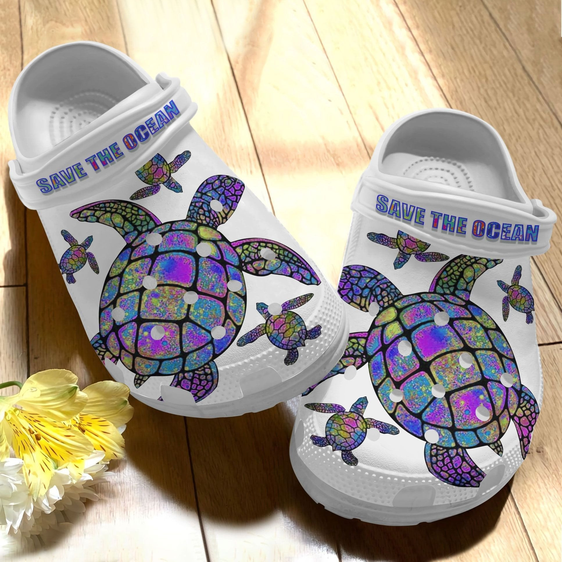Hippie Trippy Turtle Girl Crocs Shoes - Save The Ocean clogs
