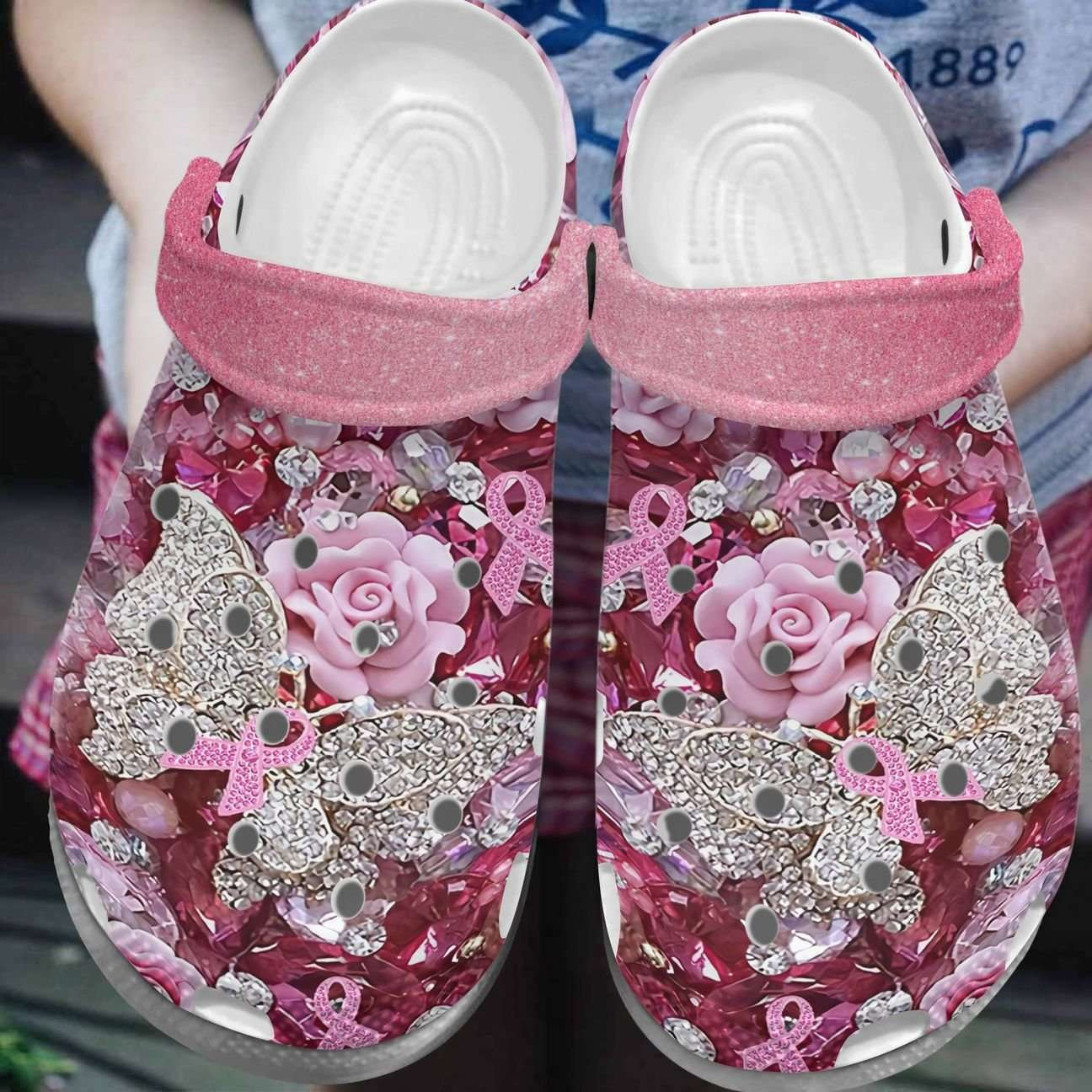 Breast Cancer Butterfly Rose Crocband Clog Crocs Shoes