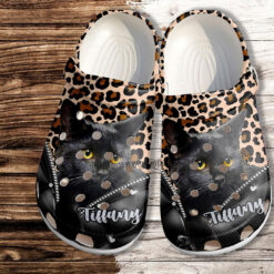 Black Cat Leopard Leather Funny Crocs Shoes Gift Women Mother Day- Cat Mom Crocs Shoes Croc Clogs Customize