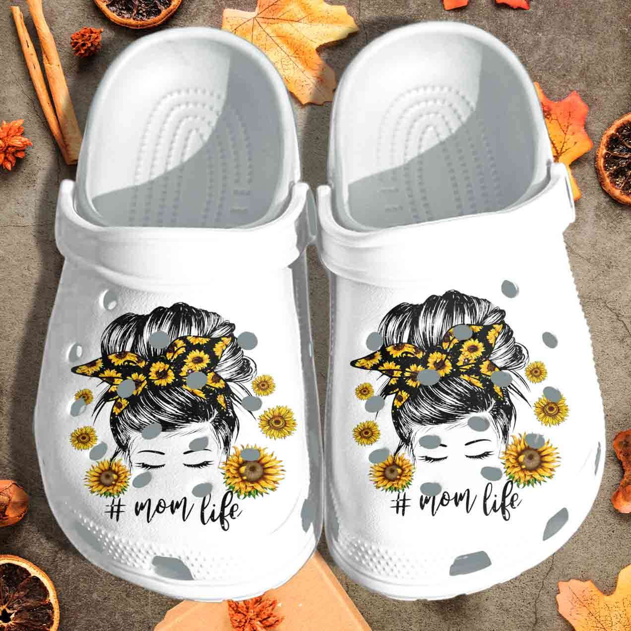 Mom Life Sunflower Woman Messy Bun Mothers Day Crocband Clog Crocs Shoes