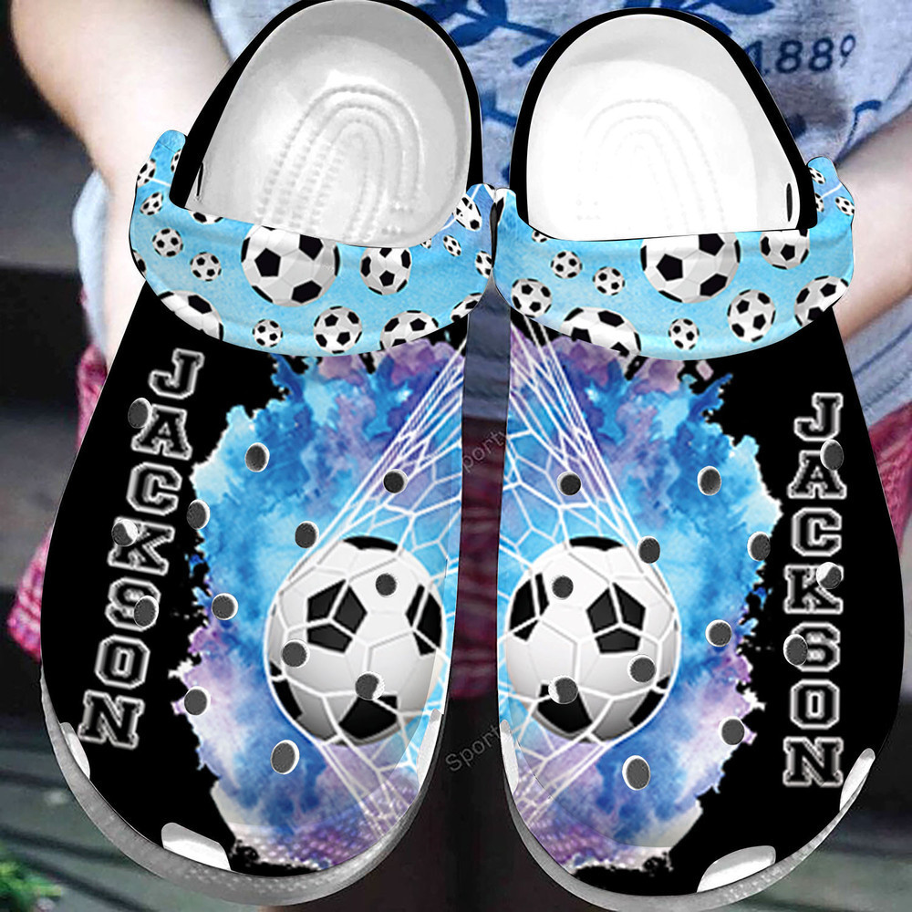 Custom Name Soccer Ball In The Goal Net Black Blue Clogs Crocs Shoes