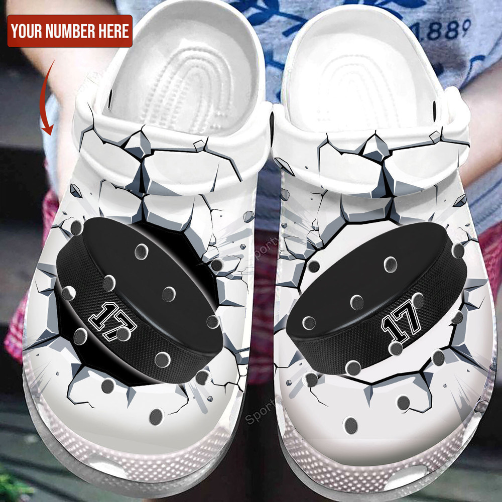 Custom Number Black White Ice Hockey Puck Break The Goal Clogs Crocs Shoes