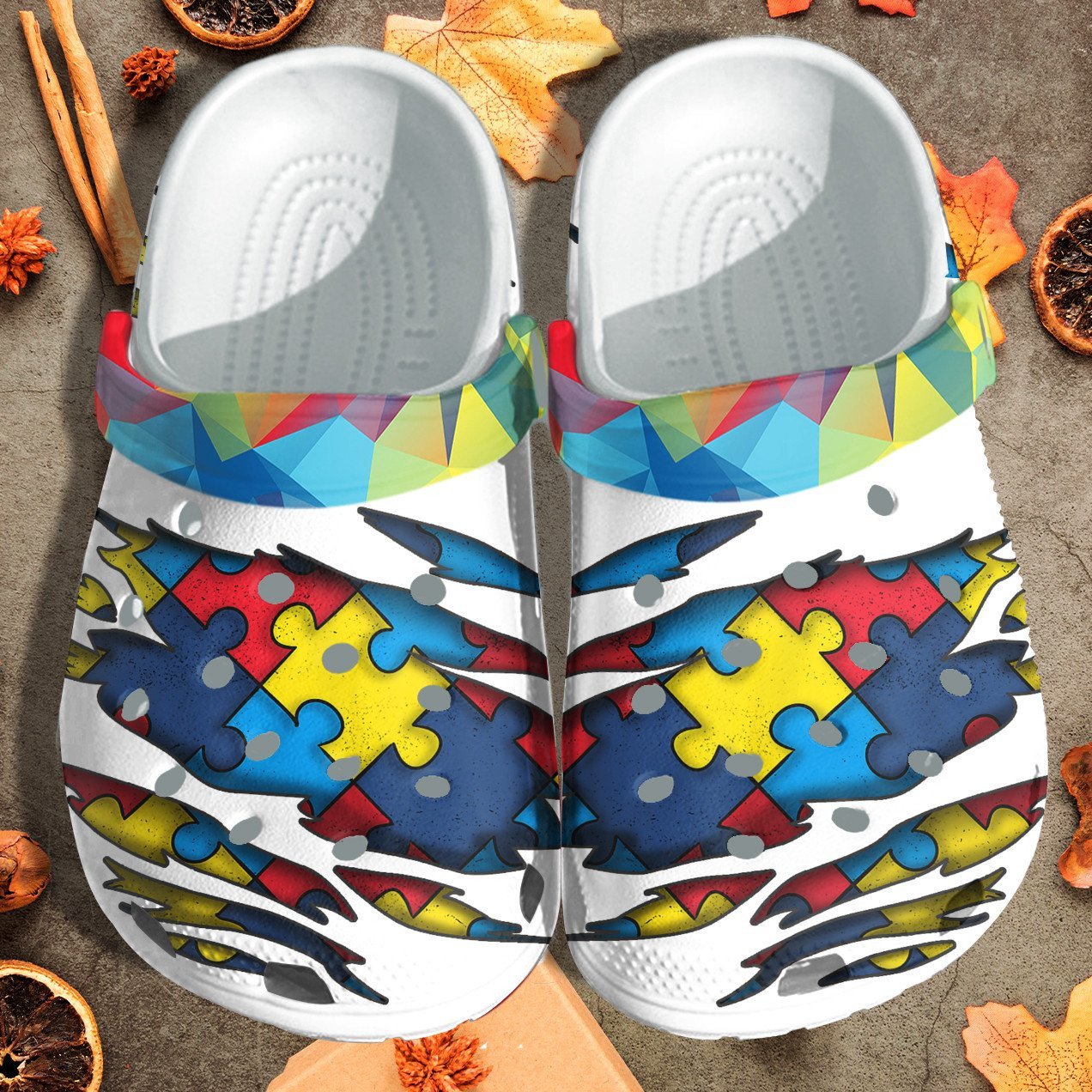 Autism Puzzel Tear Style Crocs Shoes Vintage - Autism Awareness White Crocs Shoes Croc Clogs Gifts For Son