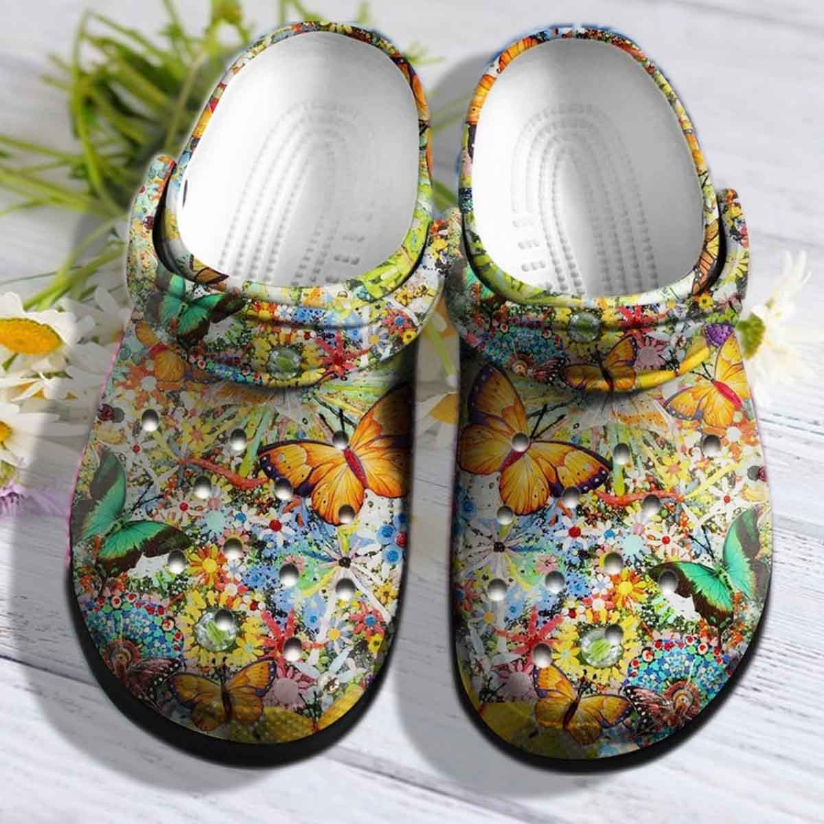 Colorful Butterflies Boho Hippie Crocs Shoes Vintage clogs Gift Birthday Daughter