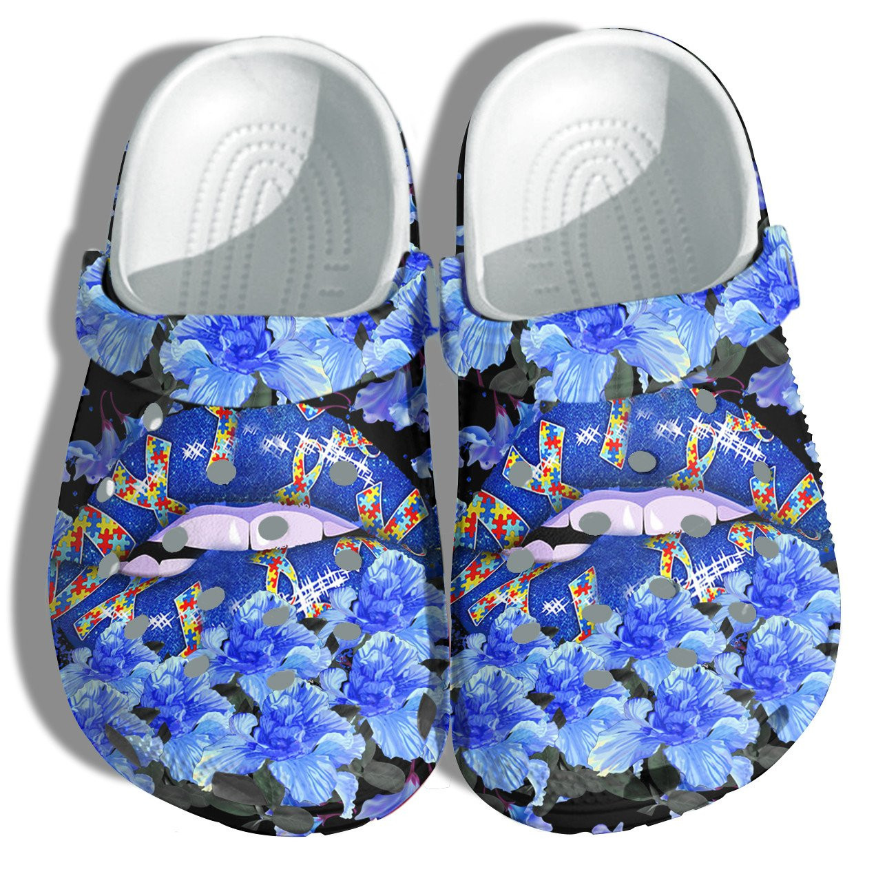 Blue Lip Autism Puzzel Style Crocs Shoes - In April Wear Blue Cute Crocs Shoes Croc Clogs Gifts For Women Girl