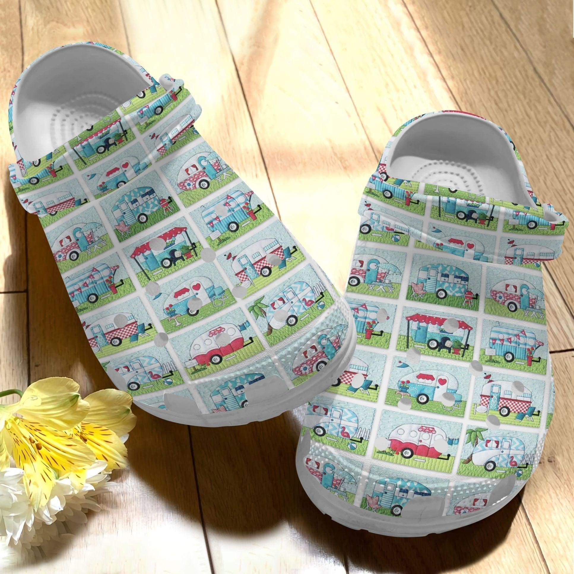 Camper Van Quilt Crocs Shoes - Lovely Camping Bus clog Gift For Men Kids