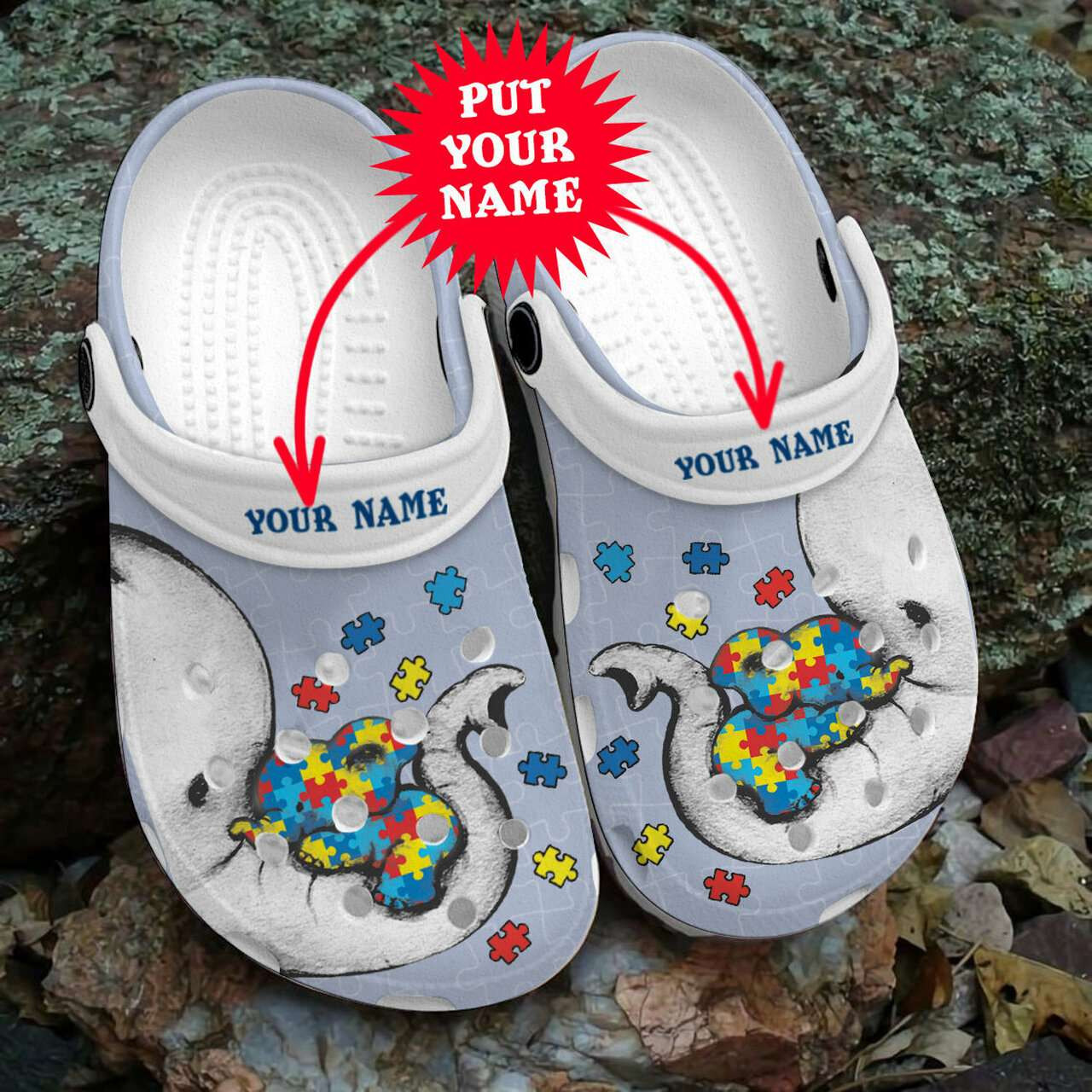 Custom Name Autism Awareness Day Elephant Mom And Baby Puzzle Piece Crocband Clog Crocs Shoes