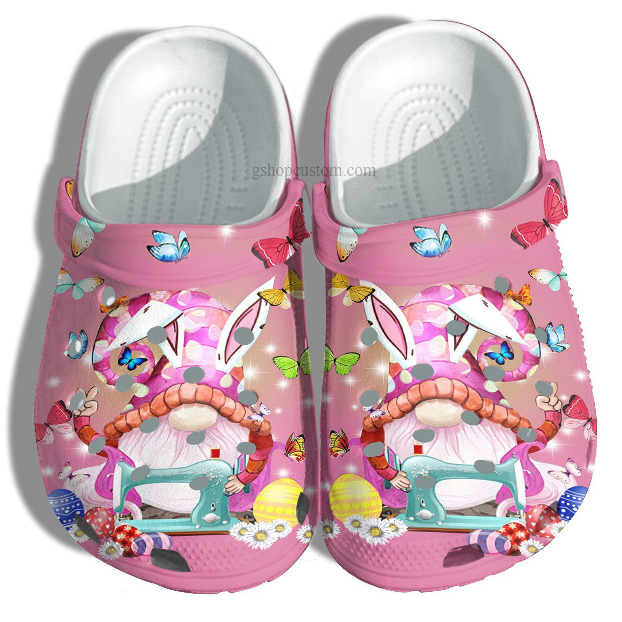 Bunny Gnomies Quilting Egg Easter Day Pinky Crocs Shoes For Girl Women - Gnomies Butterfly Sewing Crocs Shoes Croc Clogs