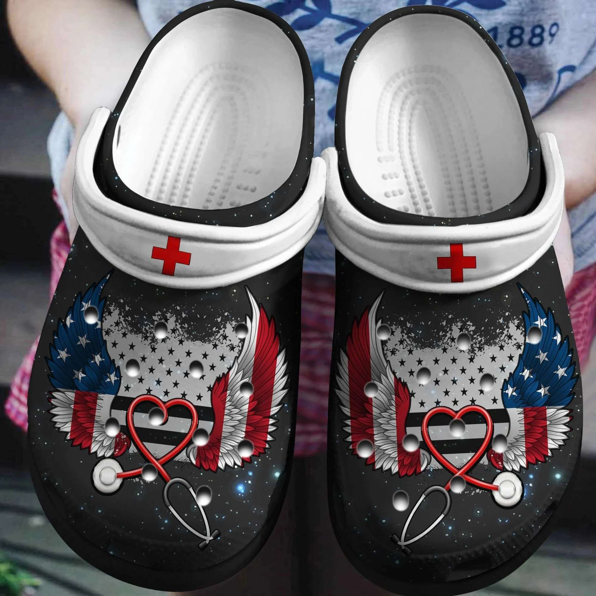 American Nurse Wings Usa Flag 4Th Of July Crocband Clogs