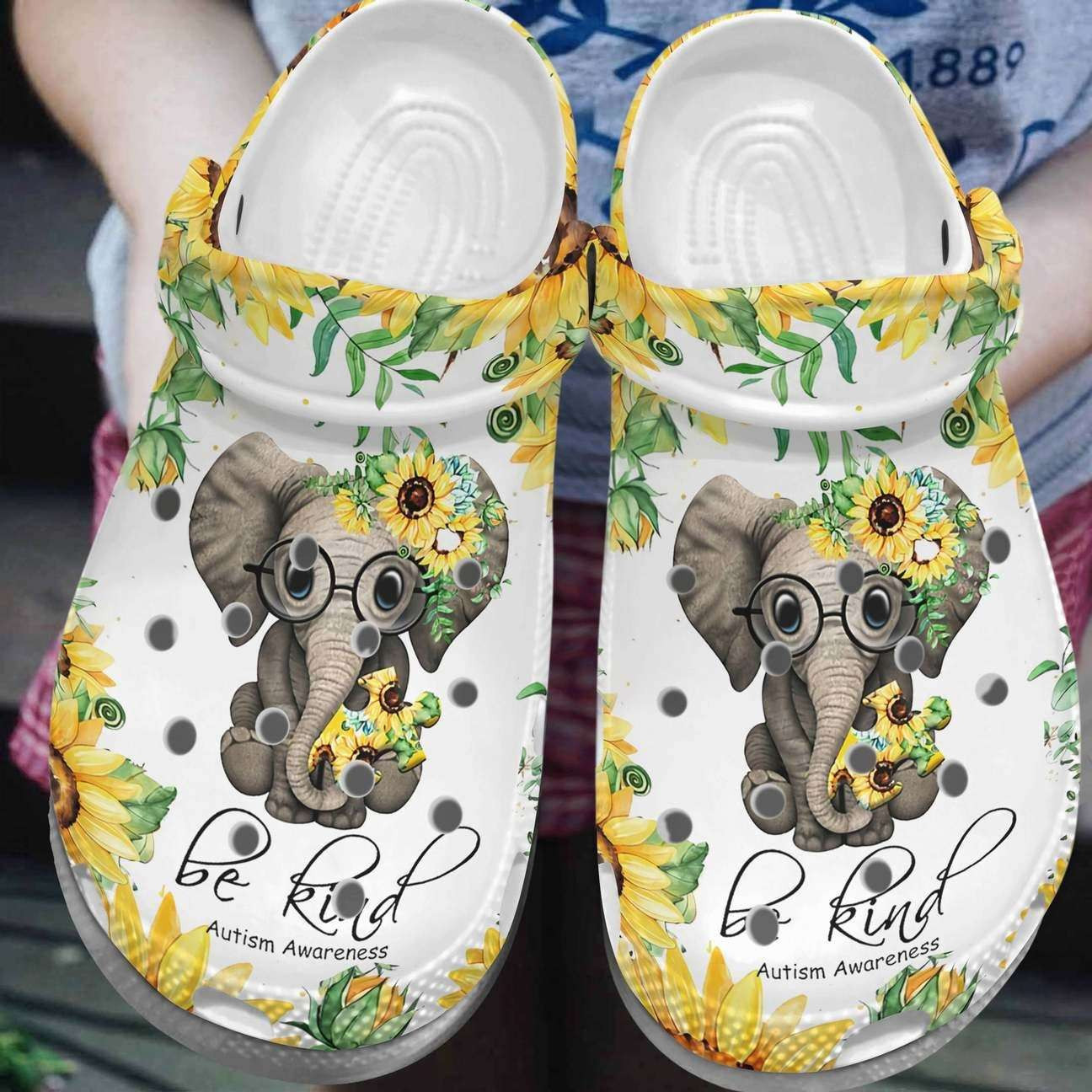 Autism Awareness Day Sunflower Baby Elephant Be Kind Puzzle Pieces Crocband Clog Crocs Shoes