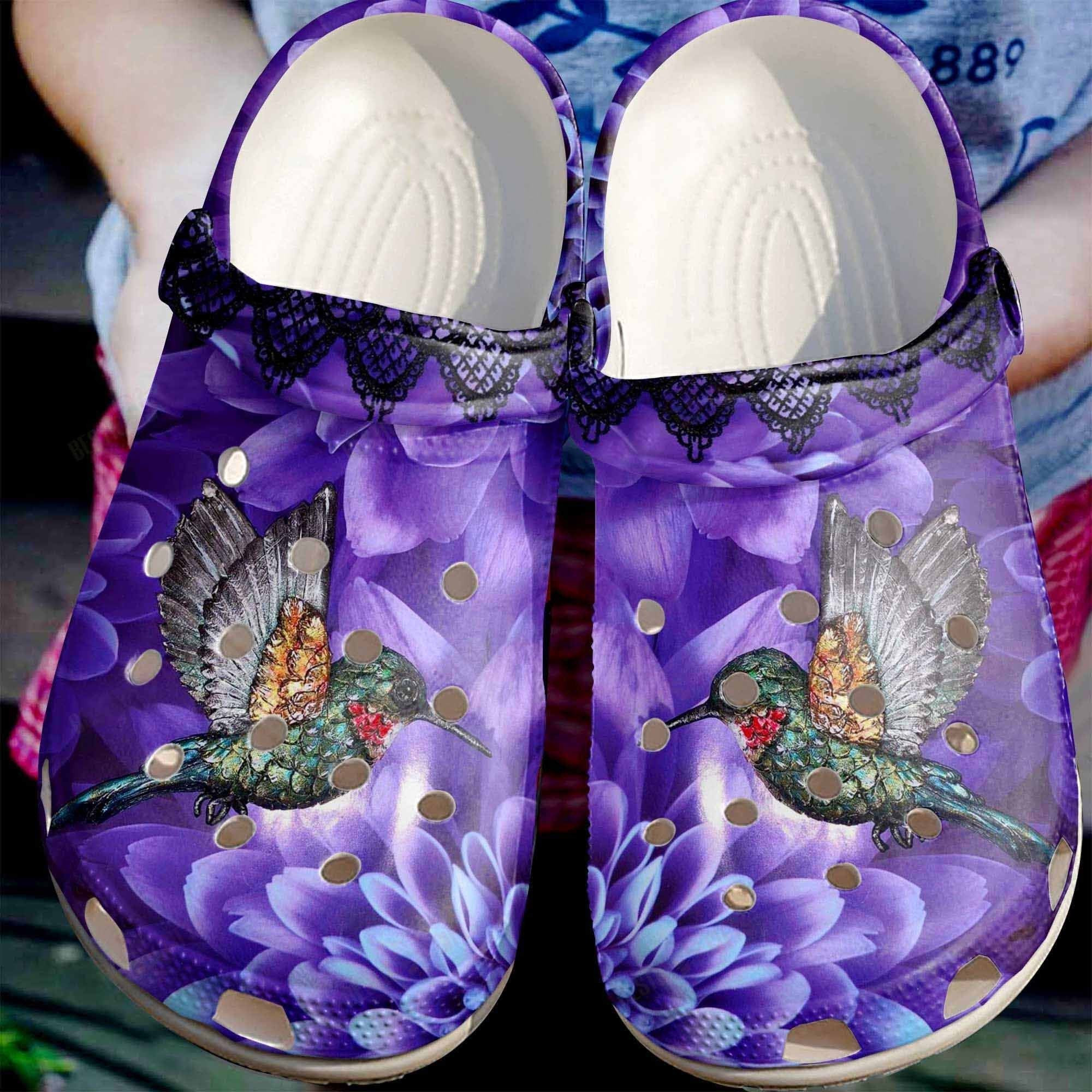 Hummingbird And Purple Flower Clogs Crocs Shoes Gifts For Birthday