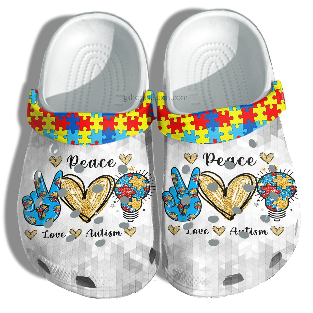 Light Puzze Peace Love Autism Crocs Shoes - Autism Awareness Puzzel Crocs Shoes Croc Clogs Gift