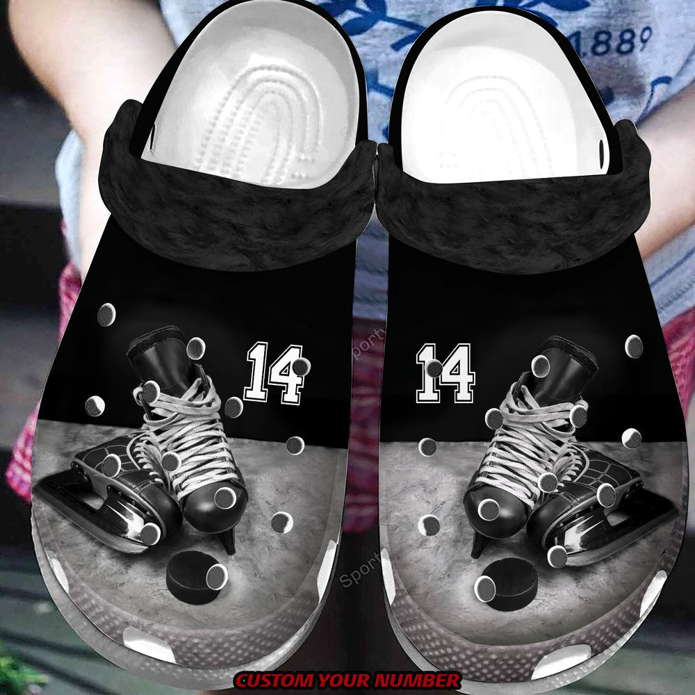 Custom Number Cool Black Ice Hockey Skates Clogs Crocs Shoes